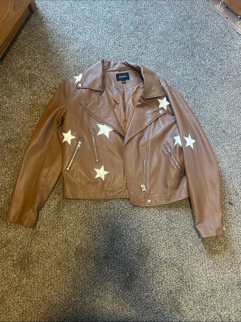 Zenana Outfitters Brown Leather Star Appliqué Moto Jacket